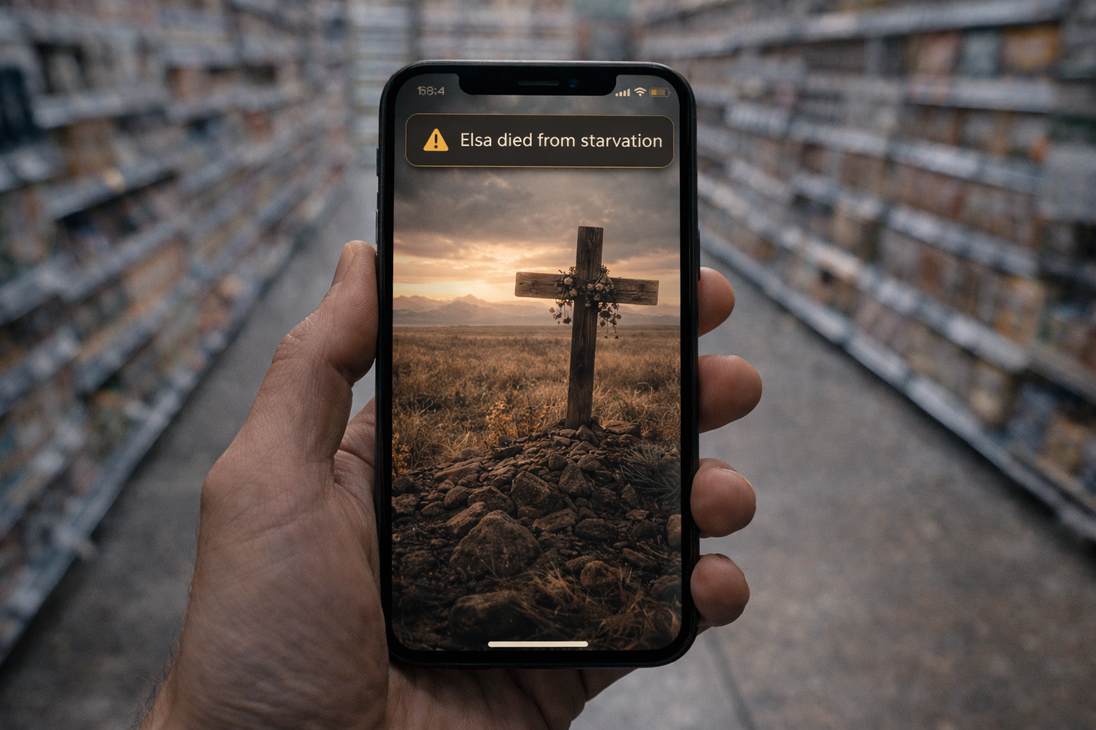 A phone shows a grave marker — Elsa died from starvation